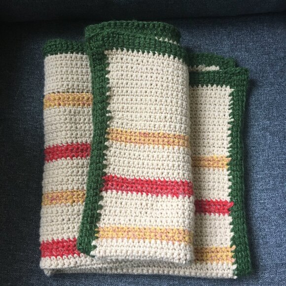 Hand Crocheted Square Cream Yellow Red Green Striped Mat Rug - Picture 3 of 16